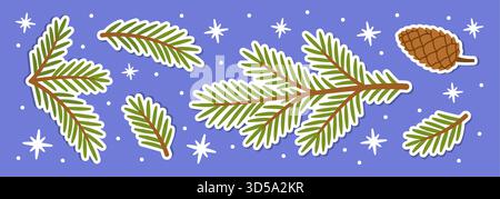 Buntes Stickerset aus Fichtenzweigen und Tannenzapfen. Hand gezeichnete trendige flache Stil Vektor-Illustration. Perfekt für Weihnachtsgrafiken, Scrapbooking im Winter, Aufkleber und saisonale Dekoration. Stock Vektor