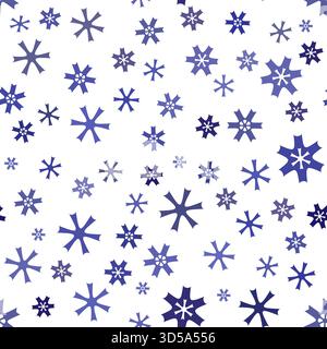 Nahtloses Weihnachtsmuster aus kleinen blauen Schneeflocken. Winterlicher weißer Hintergrund. Blaue zufällige Schneeflocken auf weißem Hintergrund. Weihnachtsstimmung Muster für d Stock Vektor