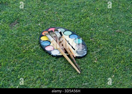 Die Aquarellfarben und Pinsel eines Künstlers liegen auf einem leuchtend grünen Rasen Stockfoto