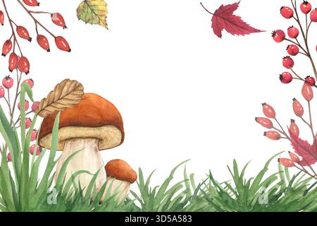 Ein Aquarellherbst mit Pilzen im Gras und Blättern im Wald. Herbstillustration der Waldwiese. Herbstporcini Pilze in der Stockfoto