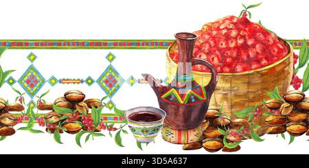 Traditionelle äthiopische Kaffeegeschirr mit Verzierung, Korbkorb mit Reifen Kaffeekirschen, geröstete arabica-Bohnen. Nahtloser Rand in Aquarellfarben. Fo Stockfoto