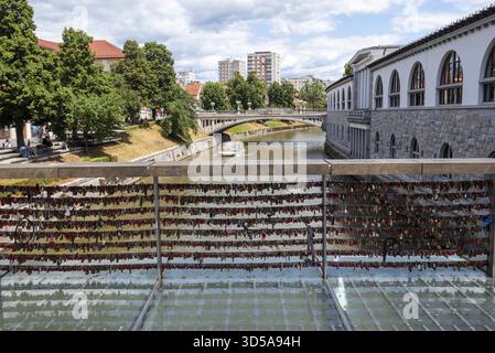 Liebesschlösser hängen in mehreren Reihen am Geländer der Mesarski Most (Metzgerbrücke) über die Ljubljanica in Ljubljana, Slowenien Stockfoto