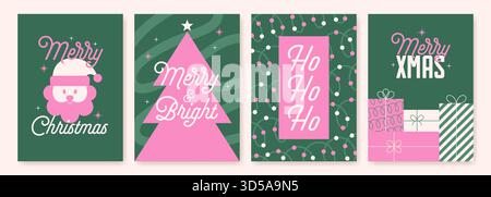 Set aus modernen Weihnachtskarten in rosa und grünen Farben mit Weihnachtsmann, Baum, Geschenken und festlichen Zitaten. Vektorabbildung Stock Vektor
