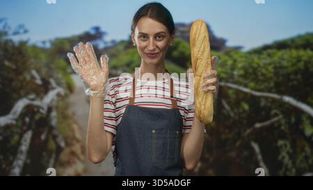 Bäckerin in Schürze, die ein Baguette hält und die Hand winkt, während sie klare Handschuhe auf einem Waldweg trägt; freundlicher Service. Stockfoto