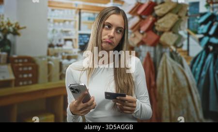 Frau mit Smartphone und Kreditkarte im Boutique-Geschäft, beim Vergleichen von Optionen zwischen Handtaschenhaltern; Einkaufsfrustration. Stockfoto