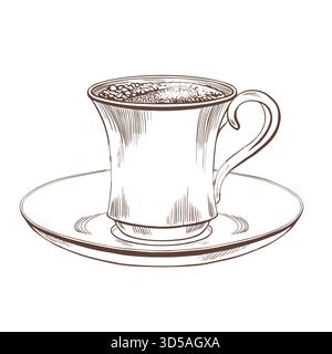 Kaffeetasse mit schwarzem Kaffee und Schaum auf einer klassischen Porzellanuntertasse im schwarz-weißen Vektorstil. Klassisches Keramikkaffepaar mit östlichem schlanken Stock Vektor