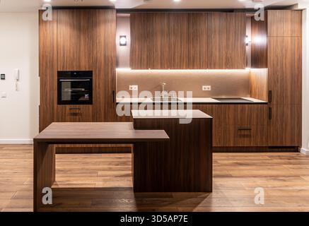 Moderne Küche mit Holzschränken, integrierten Geräten und warmer Beleuchtung, die ein minimalistisches Design unterstreicht Stockfoto