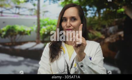 Junge hispanische Ärztin zeigt Zeigefinger in den Garten; Warnung Autoritätsdisziplin. Stockfoto