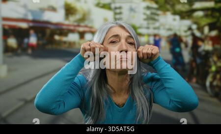 Ältere Frau mit grauem Haar, die spielerisch weinende Geste auf einer sonnigen Straße im Freien in einem blauen Pullover nachahmt Stockfoto