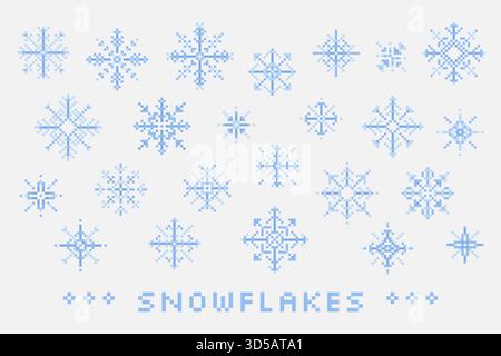 Pixel Art Schneeflocken. Isolierte Elemente. Stock Vektor