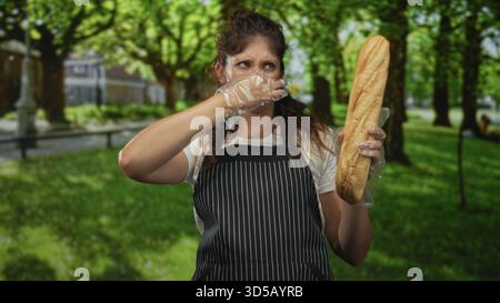 Die Frau drückt in einem Waldpark in der Nähe von Bäumen und einer Bank die Nase, während sie ein langes Baguette hält, trägt eine gestreifte Schürze und Plastikhandschuhe; Ekel naus Stockfoto