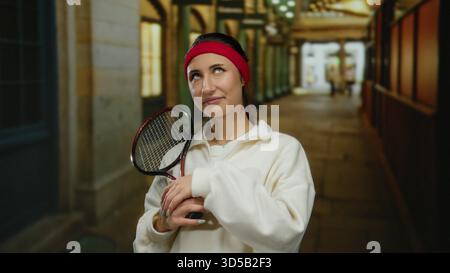 Frau mit Tennisschläger im Freien auf der Stadtstraße, mit rotem Stirnband und weißer Jacke, mit einem verwirrten Ausdruck, der auf Neugier in den Städten hindeutet Stockfoto