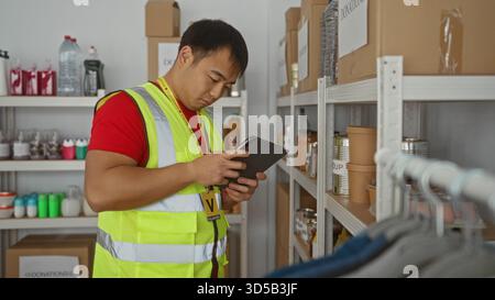 Junger Mann im Wohltätigkeitszentrum, der Spenden in einer gut sichtbaren Weste mit Tablet organisiert und sich auf protokollierte Gegenstände für den Vertrieb und die Verwaltung konzentriert Stockfoto
