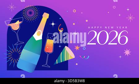 Happy New Year 2026 Hintergrund mit Champagner und Feuerwerk Stock Vektor