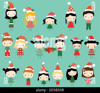 Niedliche Vektor-Stabfiguren in roter und grüner Weihnachtskleidung mit Weihnachtsmützen Stock Vektor