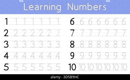Tracing von Zahlen 1 bis 10 Arbeitsblatt. Pädagogische Druckübungen für Kinder. Stock Vektor