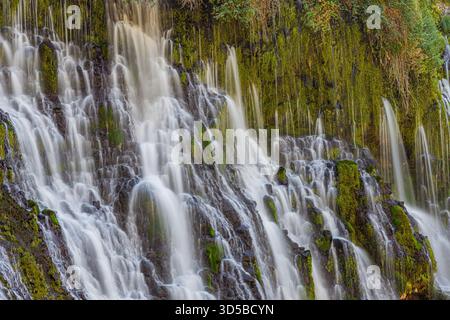 Majestätischer Fluss von Burney Falls. Ein breiterer Blick auf die Burney Falls in Kalifornien und die mehrstufigen Kaskaden, die über moosige Felsen fließen. Stockfoto