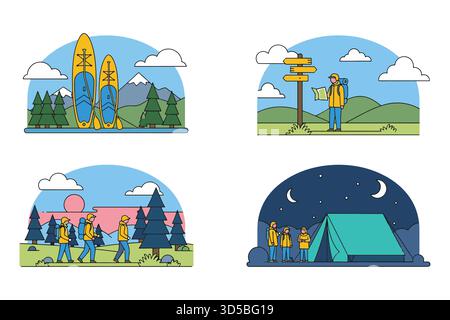 Abenteueraktivitäten und Outdoor-Erholung Erkunden Sie die Natur durch Illustrationen Stock Vektor