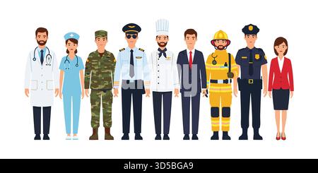 Verschiedene Gruppen von Personen, die verschiedene Berufe vertreten, stehen zusammen Stock Vektor