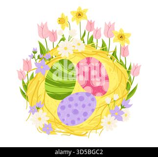 Frohe Ostereier im Nest. Ostern Illustration Nest voller dekorierter Eier und Frühlingsblumen Design. Flache Hand gezeichnete Vektorillustration isoliert auf weißem Hintergrund für Karte Postkarteneinladung Stock Vektor
