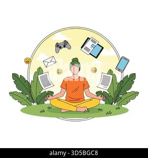 Frau, die mit technischen Geräten um sie herum meditiert, um Balance und Konzentration zu finden Stock Vektor