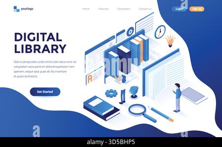 Modernes, flaches isometrisches Konzept der digitalen Bibliothek für Websites und mobile Websites. Landing-Page-Vorlage. Einfach zu bearbeiten und anzupassen. Vector illu Stock Vektor