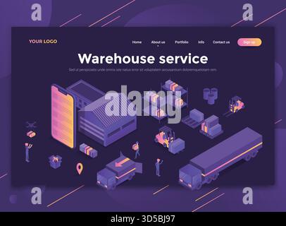 Modernes, flaches isometrisches Konzept des Warehouse Service für Website und mobile Website. Vorlage für Landing-Page, dunkles Theme. Einfach zu bearbeiten und anzupassen Stock Vektor