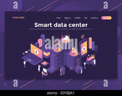 Modernes, flaches isometrisches Konzept des intelligenten Rechenzentrums für Websites und mobile Websites. Vorlage für Landing-Page, dunkles Theme. Einfach zu bearbeiten und anzupassen Stock Vektor