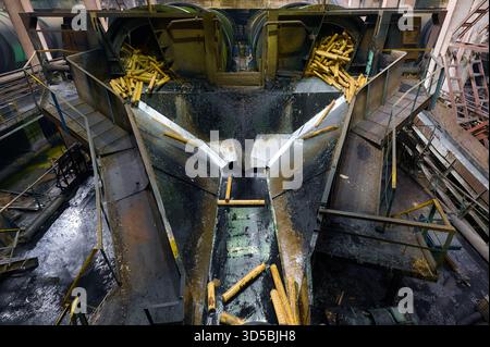 Trommelentrindung in Betrieb in einem Holzwerk, das die Verarbeitung und Aufbereitung von Holz demonstriert Stockfoto