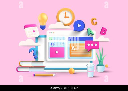 Entwurf eines Online-Schulungskonzepts für Websitebanner, -Präsentationen, -Poster und -Werbung. 3D-Vektordarstellung Stock Vektor