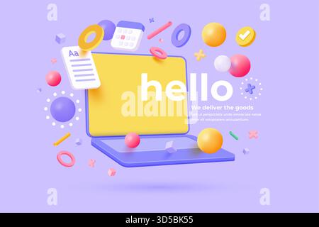 Kreatives Konzept für Unternehmen. Desktop-Computer vortäuschen. Bildschirmgerät Modell leerer Monitor. Realistische 3D-Konstruktion. Nachrichten senden Internet Social Netwo Stock Vektor