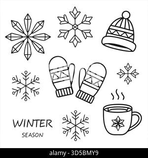 Minimalistisches Winter Season Line Icons Set mit Schneeflocken, warmer Kleidung und heißem Kakao – Clean Black Vector Collection Stock Vektor