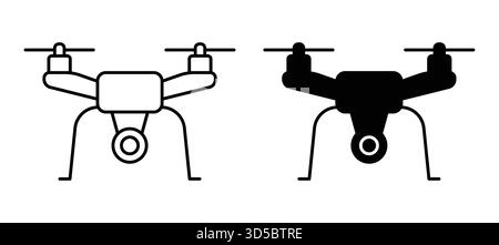 Dieses Bild zeigt minimalistische Schwarzweiß-Abbildungen von Drohnen. Das Design eignet sich perfekt für die Präsentation von Technologiefragen, Innovationen und Aero Stock Vektor