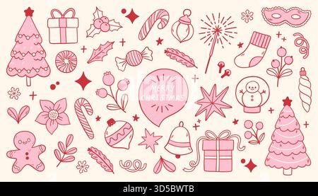 Vektor-Satz von rosa Weihnachtskritzelei Hand gezeichnete Aufkleber festliche Elemente Bäume, Geschenke, Süßigkeiten, Ornamente, Sterne, Schneemann. Süßer, skurriler Urlaub Stock Vektor