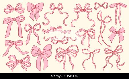 Vektorsatz mit rosa handgezeichneten Bögen in verschiedenen Formen und Stilen. Niedliche dekorative Bändchen-Illustrationen, perfekt für skurrile Aufkleber und Verpackungsdesign Stock Vektor