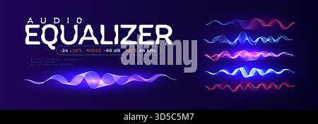 Equalizer Waves Music Beat Elements Sound, Glowing Neon Blue Purple Magenta Waveforms Set, Radion Signal Isolated Waving Lines, Neon Glowing Pulse Stock Vektor