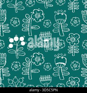 Nahtloses Muster für weiße Blumen und Beeren. Vorlage Hand gezeichnetes Blumenschmuck auf grünem Alexandrit Hintergrund. Vektorabbildung. Nicht AI Stock Vektor