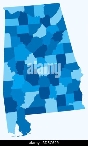 Karte von Alabama mit Countys. Eine einfache Grenzkarte mit Bezirksabteilungen. Hellblaue Farbpalette. Stock Vektor