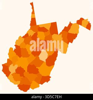 Karte von West Virginia mit Countys. Einfache Grenzkarte mit Bezirkseinteilung. Orangefarbene Farbpalette. Stock Vektor