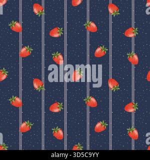 Zartes, nahtloses Aquarellmuster mit Reifen Erdbeeren auf einem Hintergrund aus vertikalen Streifen und Punkten. Ideal für Textilien und Verpackungen Stockfoto
