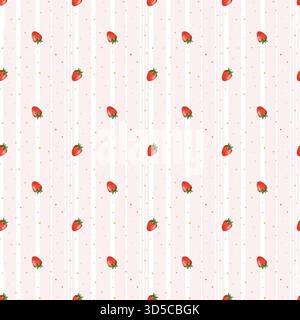 Zartes, nahtloses Aquarellmuster mit Reifen Erdbeeren auf einem Hintergrund aus vertikalen Streifen und Punkten. Ideal für Textilien und Verpackungen Stockfoto