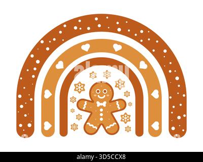 Lebkuchen Boho Regenbogen mit süßem Weihnachtskeks. Festlicher Wintervektor mit Schneeflockenherzen perfekt für Weihnachtskarten, saisonales Dekor. Vektor Stock Vektor