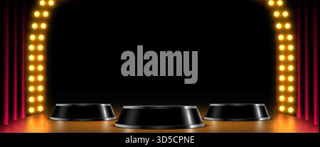 Leere Bühne mit drei Produktsockeln, umgeben von hellen Scheinwerfern und roten Vorhängen. Vektorabbildung. Stock Vektor