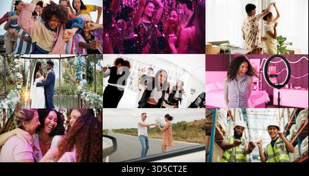 Composite, Personen oder Freunde mit glücklicher Erinnerung, Alltagsleben oder Meilensteinveranstaltungen für Post in sozialen Medien. Collage, Tanz oder Gruppe mit Bild für Stockfoto
