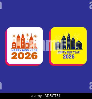 Happy New Year 2026 City Scapes in weiß und Gelb festlich gefeiert Stock Vektor
