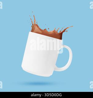 Leckeres Kakaogetränk, das in der Tasse vor hellblauem Hintergrund spritzt Stockfoto