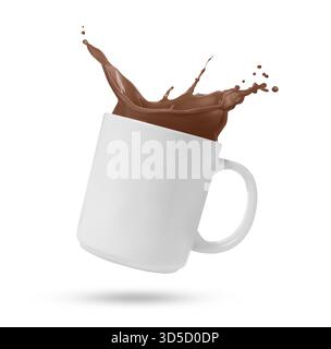 Leckeres Kakaogetränk, das in der Tasse vor weißem Hintergrund spritzt Stockfoto