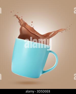 Leckeres Kakaogetränk, das in der Tasse vor blassbraunem Hintergrund spritzt Stockfoto