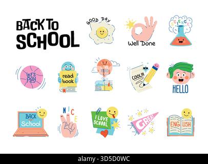 Sammlung von Schulaufklebern oder -Abzeichen mit glücklichen Gesichtern, Schulzubehör und verschiedenen Dekorationselementen. Vektorsatz Stock Vektor