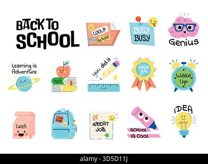 Sammlung von Schulaufklebern oder -Abzeichen mit glücklichen Gesichtern, Schulzubehör und verschiedenen Dekorationselementen. Vektorsatz Stock Vektor